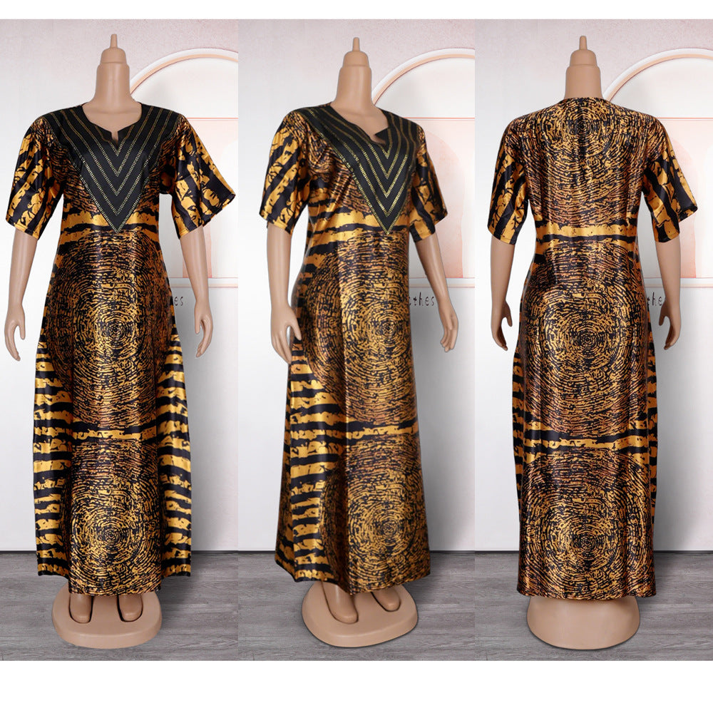 European and american african women's printed loose robe plus size long dress   rhinestone dress in stock