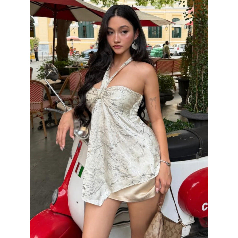 Amazon women's clothing  summer new chinese style printed bandeau asymmetrical halter one-shoulder tank top