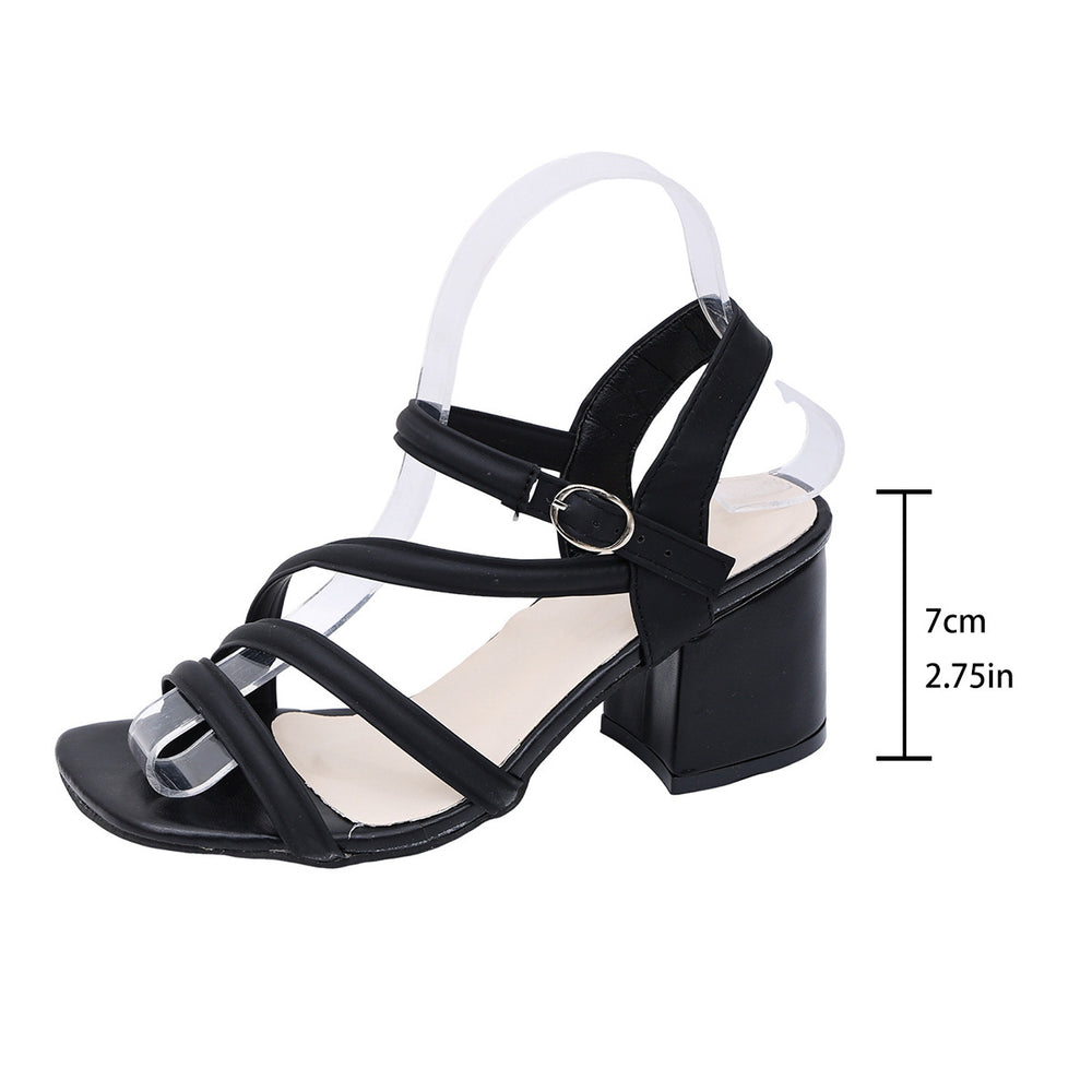 Plus size black strappy sandals - fairycore style, 2026 new collection, mid-heel fashion, outdoor wear, chunky heel, single strap sandals