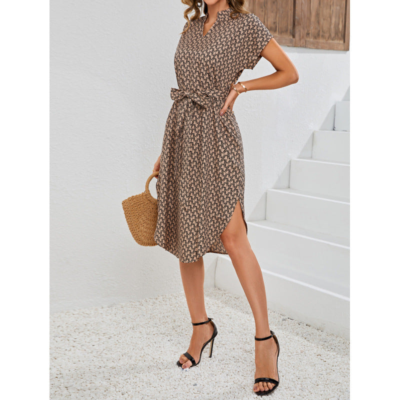 cross-border all-over print batwing sleeve drawstring dress