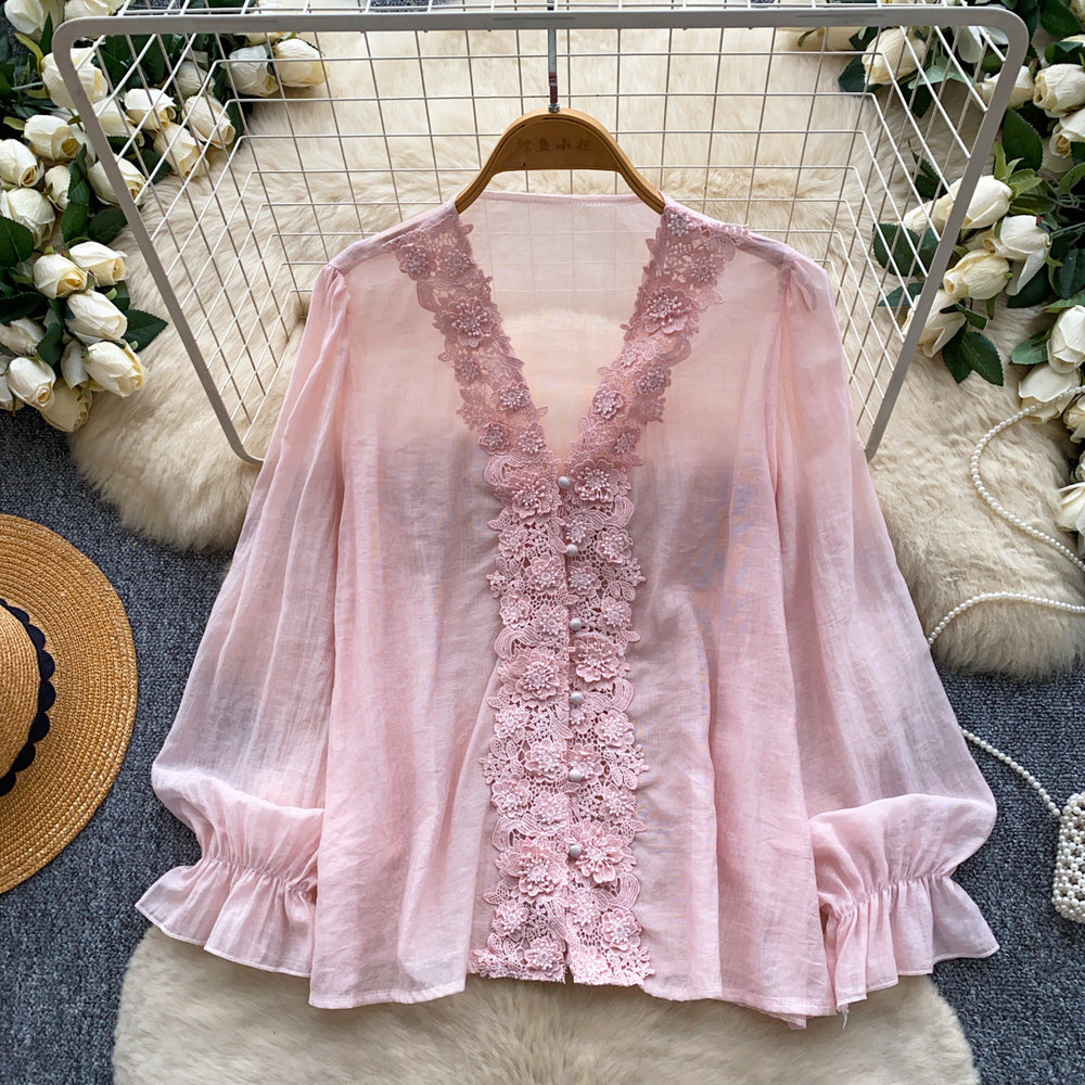 Korean style commute v-neck lace patchwork shirt women's long sleeve loose cardigan rose red top - autumn  collection
