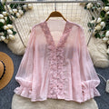 Korean style commute v-neck lace patchwork shirt women's long sleeve loose cardigan rose red top - autumn  collection