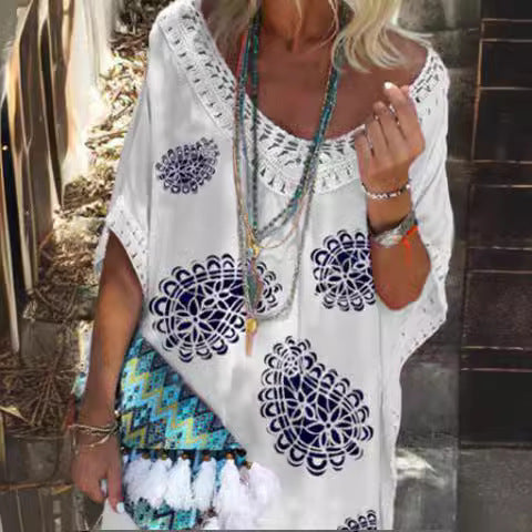 european and american export women's elegant v-neck short sleeve lace patchwork printed dress