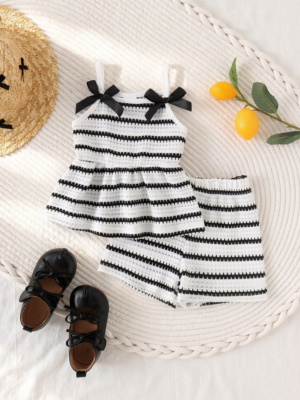 Baby clothing kids set children outfit black and white stripes camisole tops+shorts