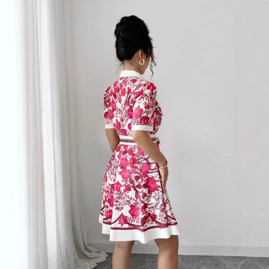 cross-border printed short-sleeve dress - women's tie-waist, single-breasted, mid-length shirt dress
