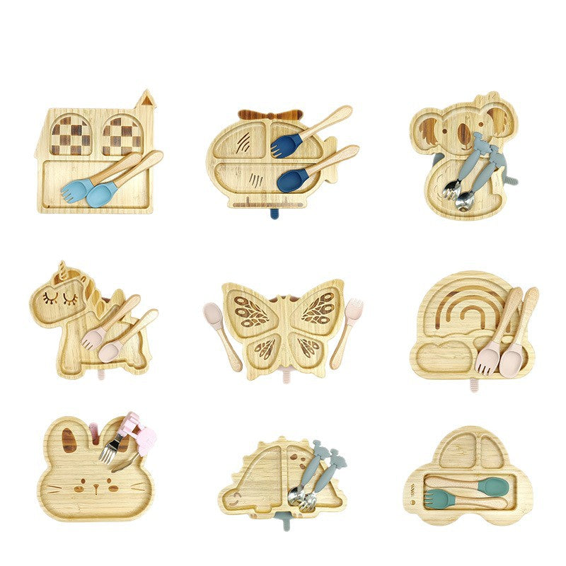 Bamboo plate set, food grade silicone fork and spoon wooden plate baby creative animal tableware set