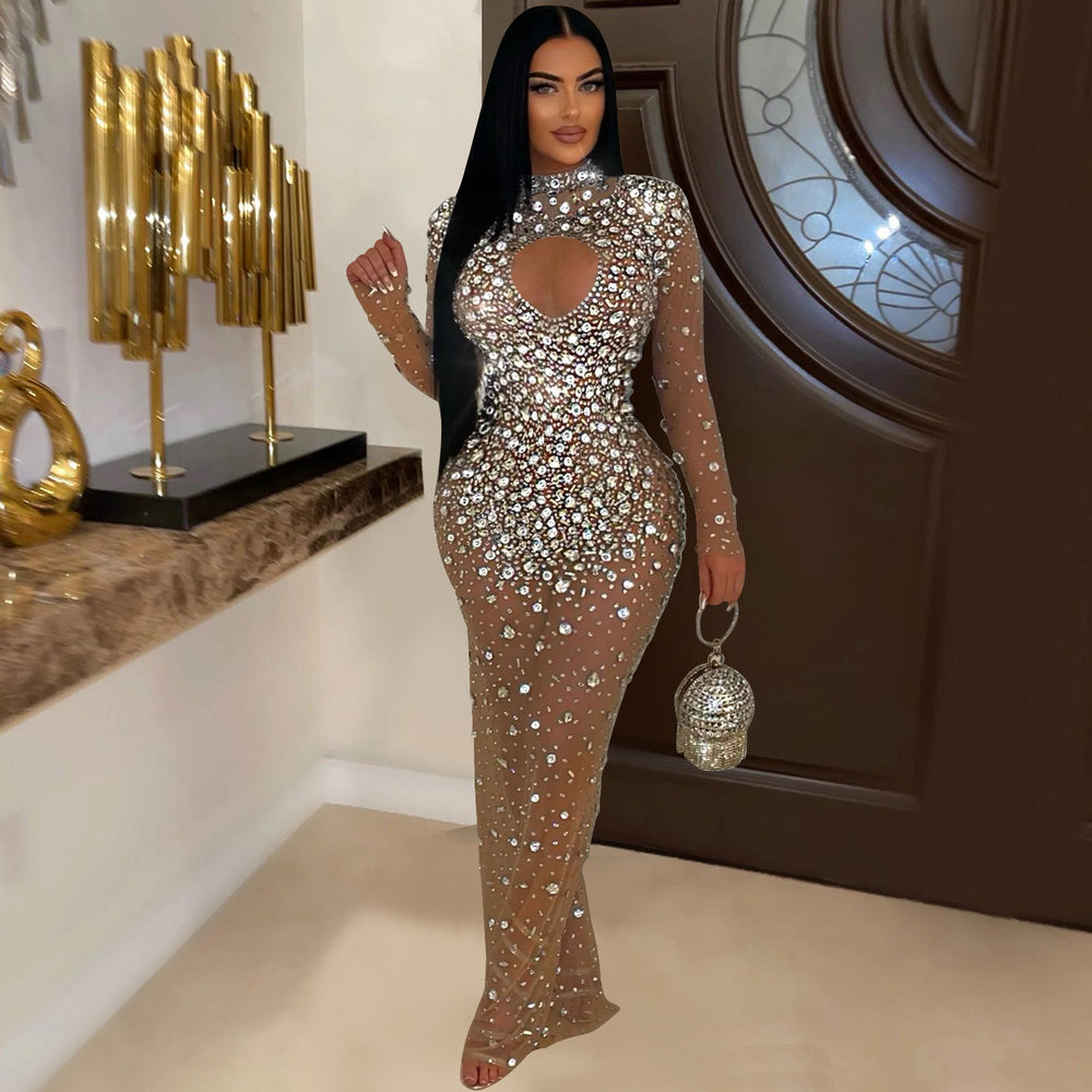 C6993 cross-border   independent station fashionfashion women's round neck hot diamond dress long skirt new