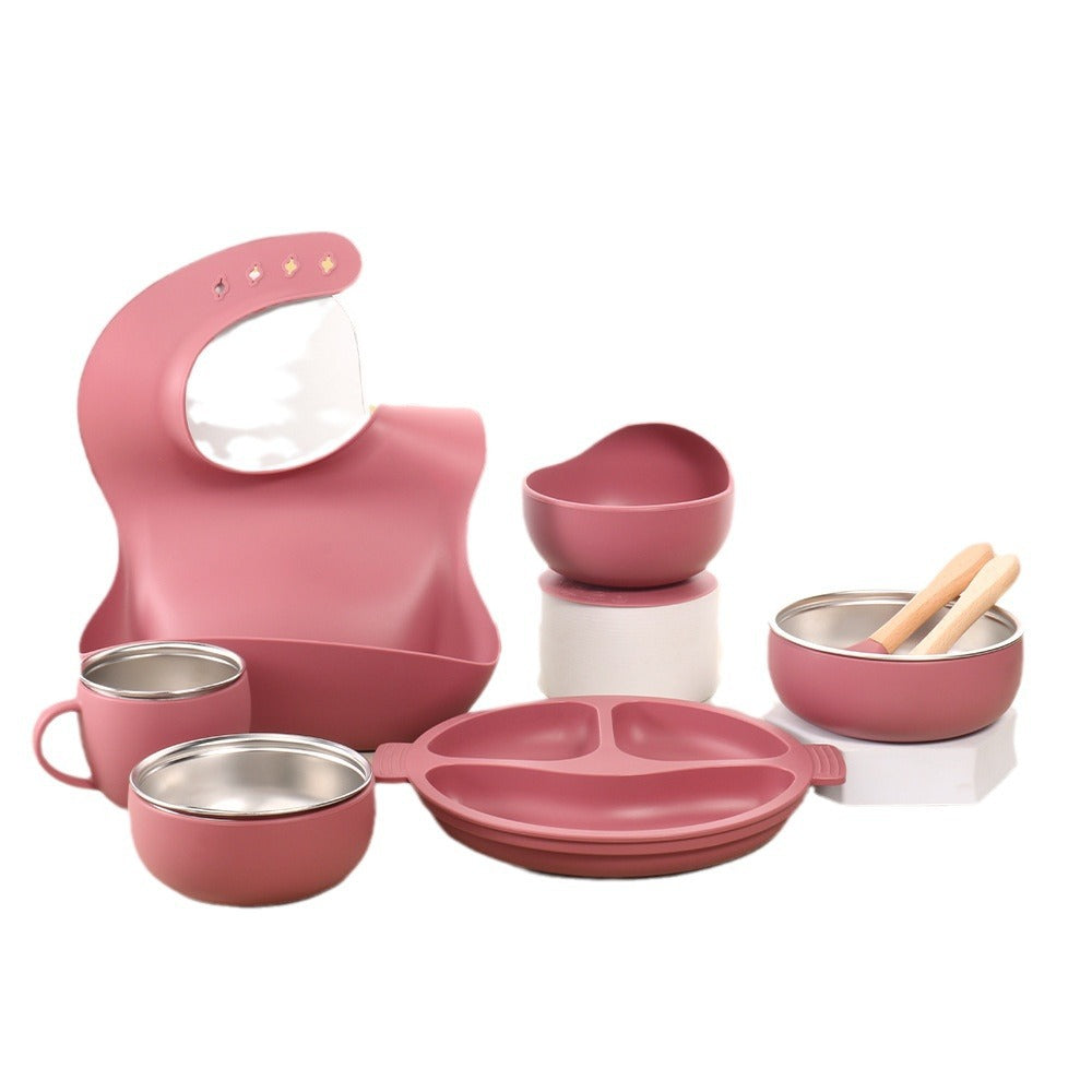 Factory new baby silicone stainless steel tableware set creative product 304 stainless steel children's silicone tableware bowl