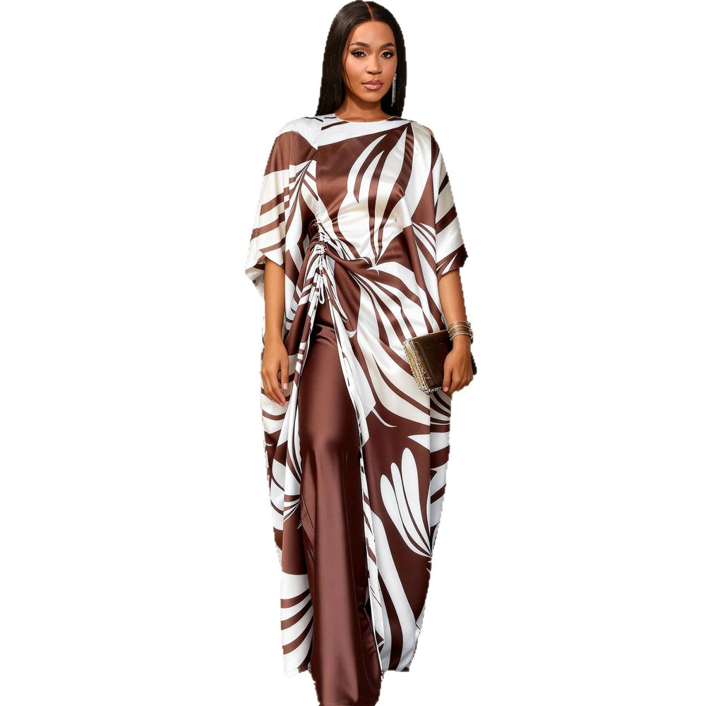 African print robe and pants set - drawstring tie-up loose top with casual wide-leg pants two-piece set