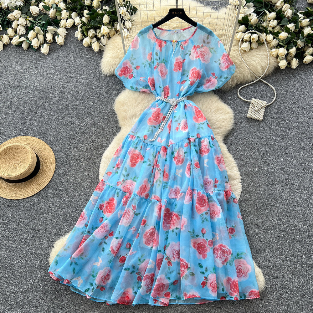 French chic v-neck floral dress - women's summer korean style short sleeve slimming a-line maxi dress - vacation ready