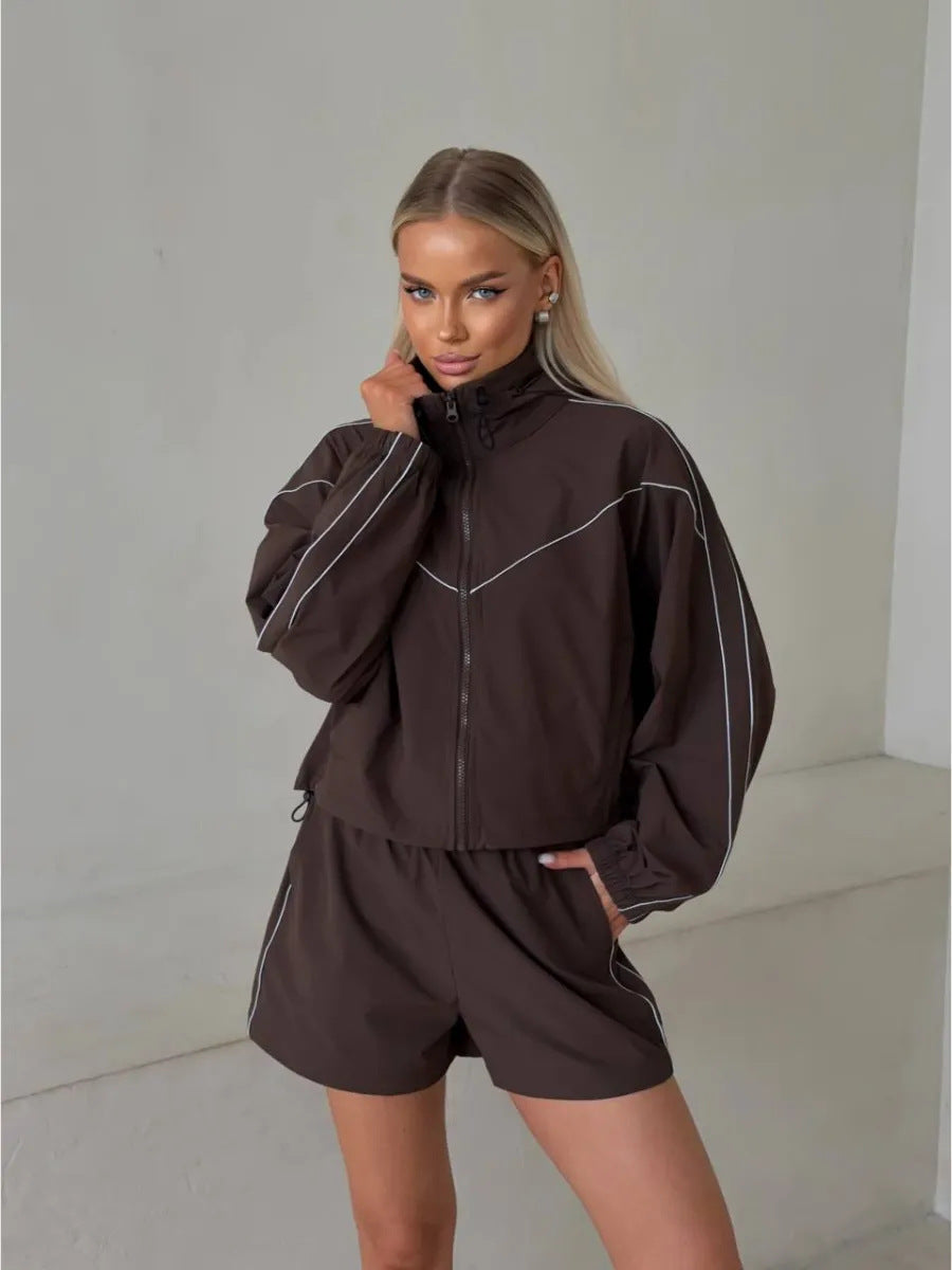 European and American  summer casual shorts set solid color long-sleeved zipper cardigan elastic shorts line two-piece set