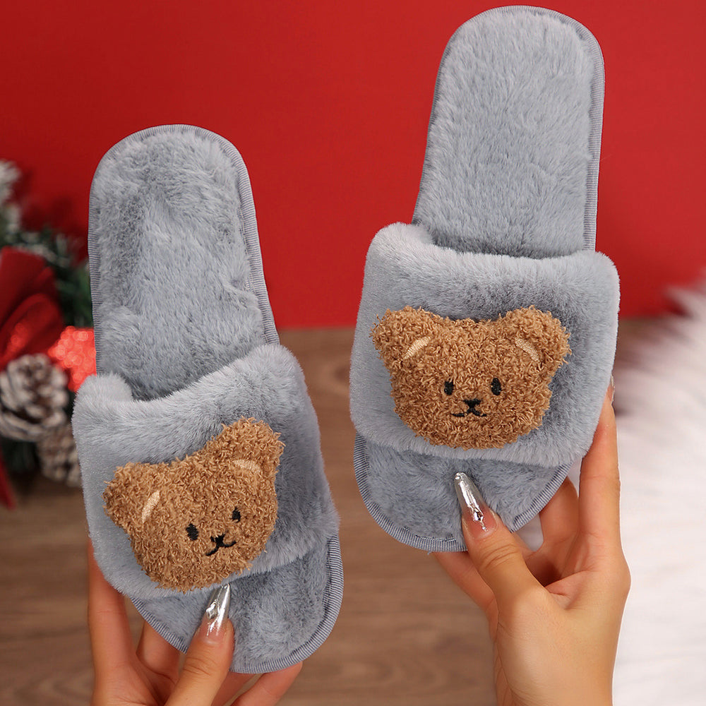 Women's fluffy slippers - new 2024 autumn/winter indoor/outdoor cartoon bear design, thickened plush cotton slippers