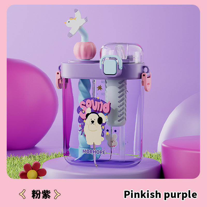 Summer double-drink kids' cup, portable straw cup for boys and girls, elementary school students' school water bottle, square water bottle with double compartments, cartoon cup