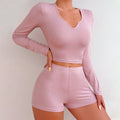 European and american style new women's loungewear set: solid color v-neck long sleeve top and sexy hot shorts two-piece set