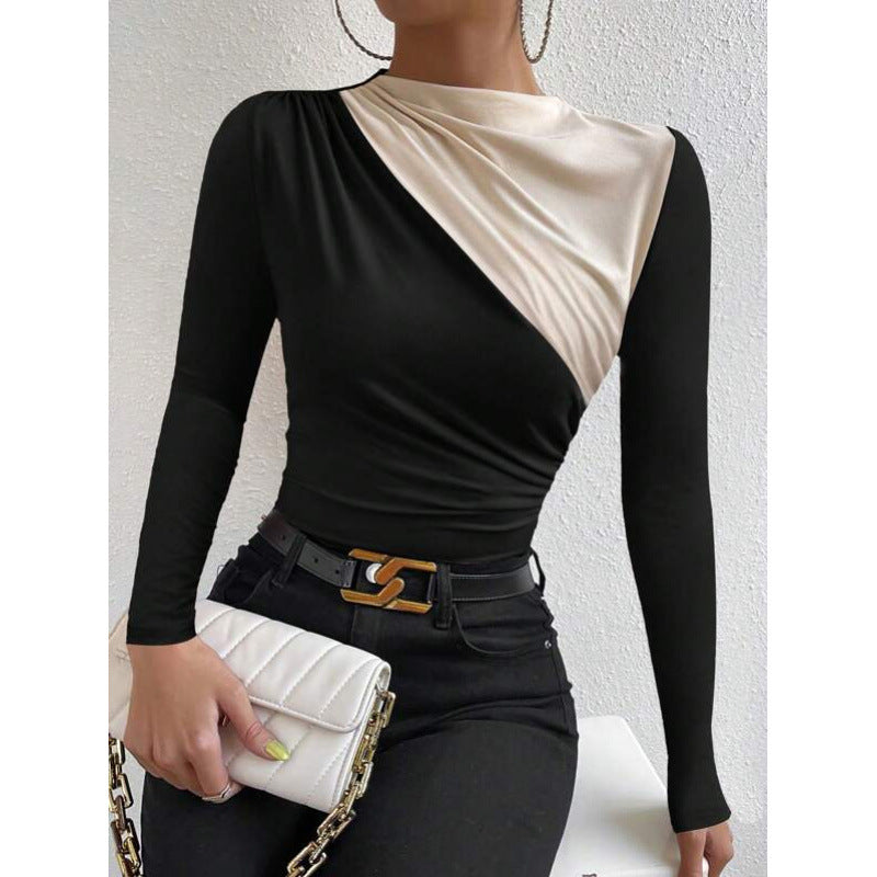 Shipped: women's color block asymmetrical neck bodycon top - long sleeve drapey slim fit blouse, perfect for party nights