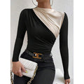 Shipped: women's color block asymmetrical neck bodycon top - long sleeve drapey slim fit blouse, perfect for party nights