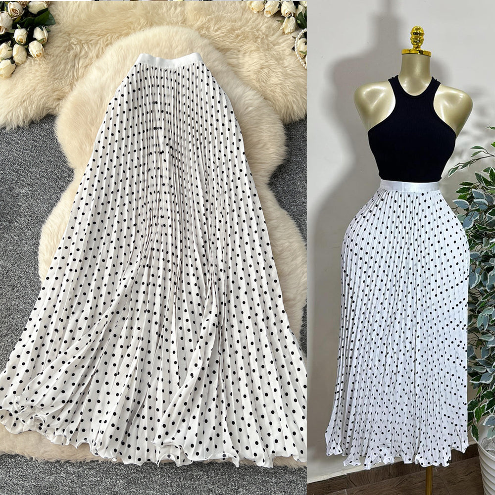 K-style polka dot pleated elegance skirt women's high waistslimming looka-line long skirtwork clothingeasiest for matchpatchworkelegant skirt