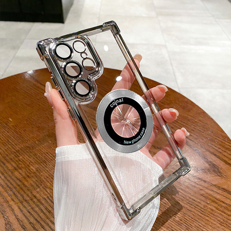 Suitable for samsung s25ultra electroplated four-corner airbag magnetic phone case s26 comes with lens film a56 protective cover