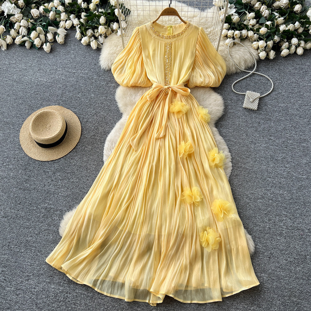 French heavy industry diamond-encrusted red pleateddress women's summerk-style waist slimming lookelegant thousand gold style long skirt