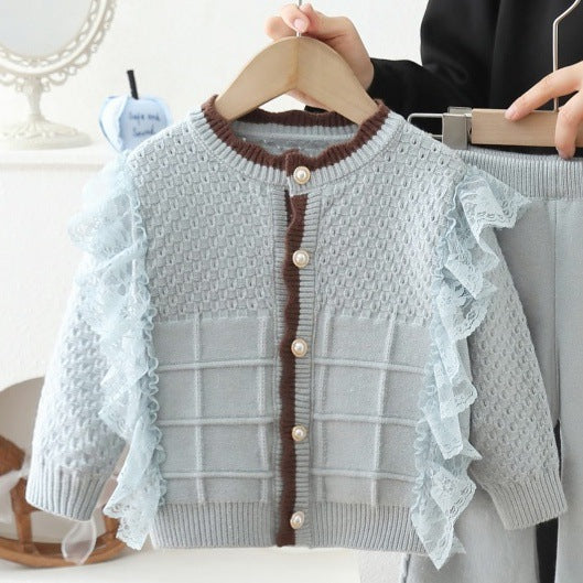 Girls' spring outfit set : new stylish cardigan jacket and lace pants two-piece set for girls - perfect for spring and autumn