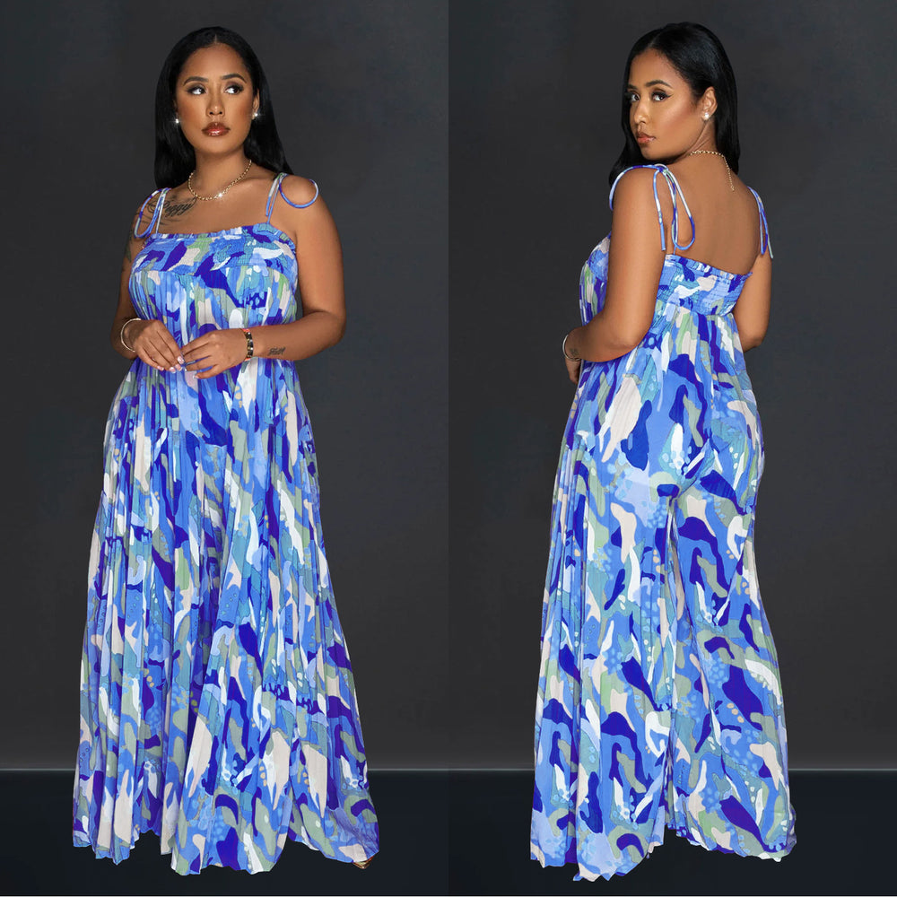 C6878 cross-border   fashion women's sexy printed cami pleated wide-leg jumpsuit