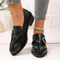 Export thick heel pointed toe loafers for women new arrival belt buckle black british small leather shoes plus sizeflatswholesale