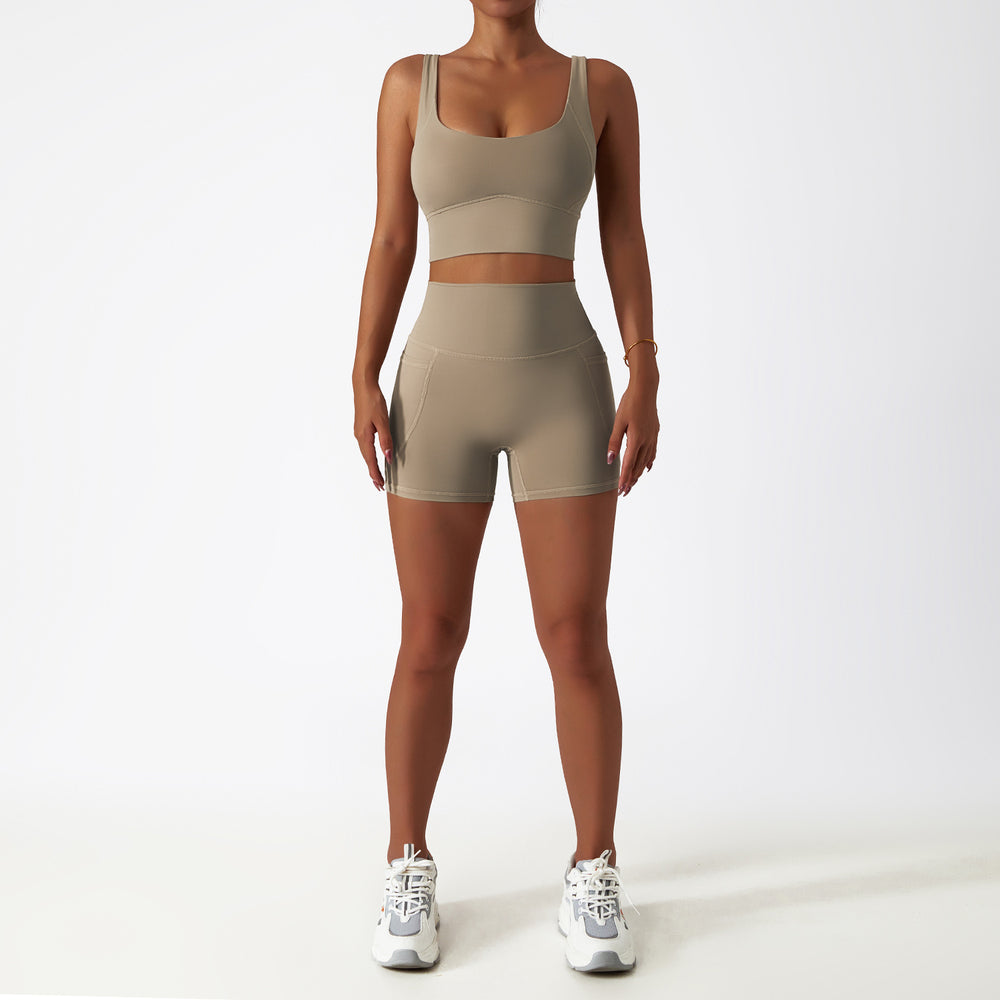 breathable quick-drying tight-fitting yoga clothes flap pocket pants running sports suit diagonal shoulder naked fitness suit6425