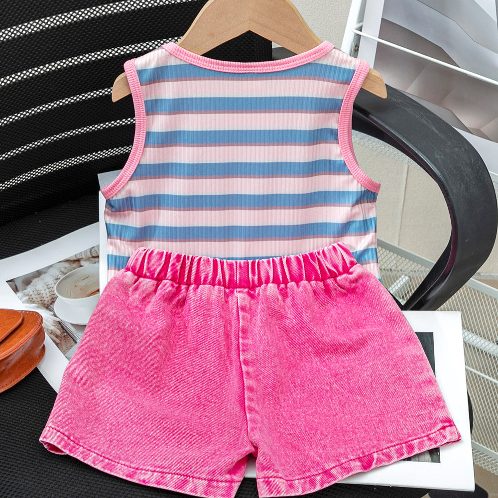 cross-border new arrival: girls' european & american style striped print tank top + washed denim shorts set