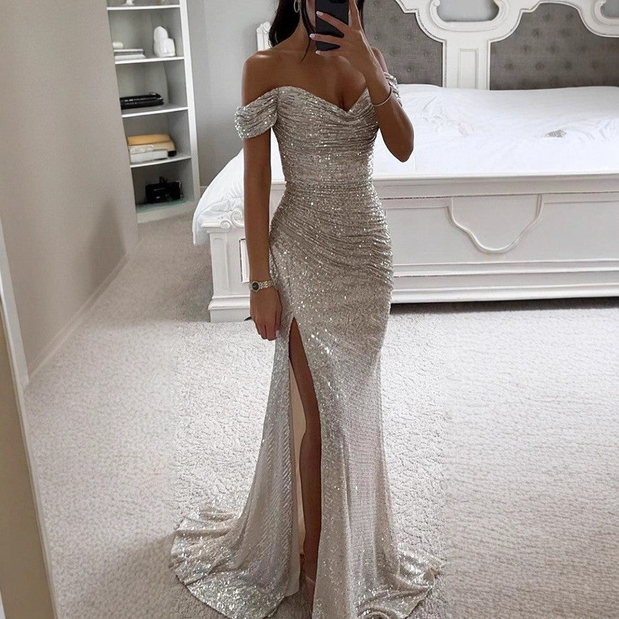 european and american new arrival sequin off-the-shoulder slit dress - ins casual fashion women's dress