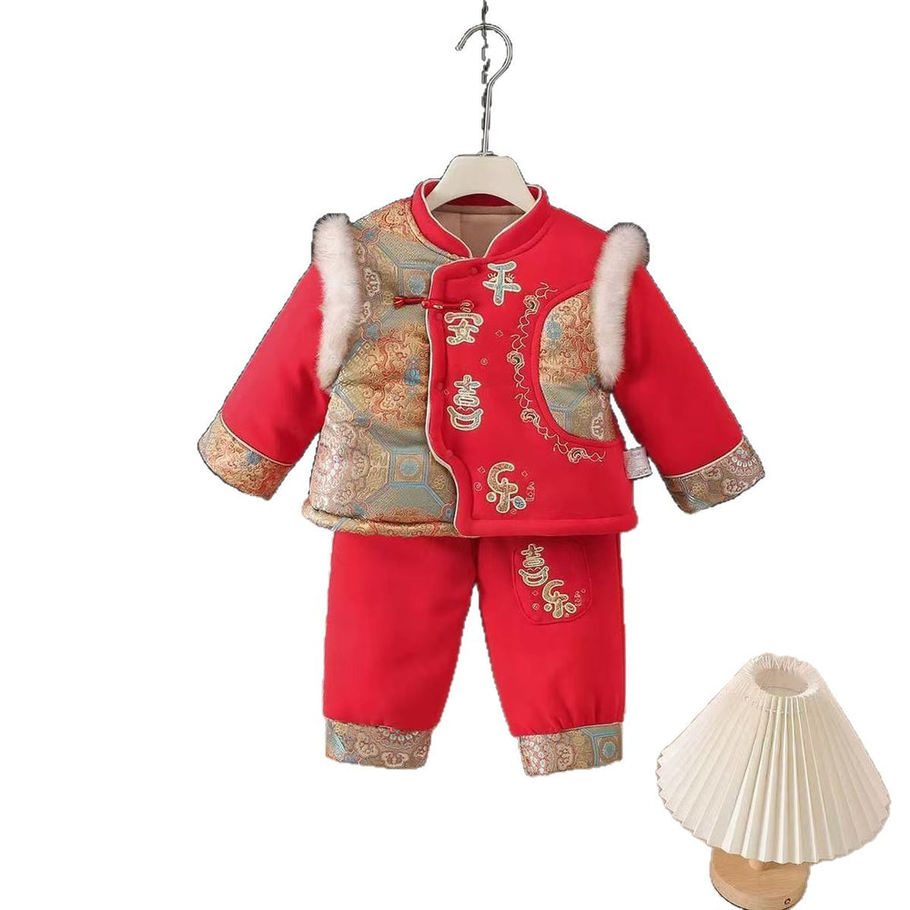 Winter outfit kids new year's clothes first birthday baby formal wear set boys' new year's greeting outfit girls' festive hanfu two-piece trendy set