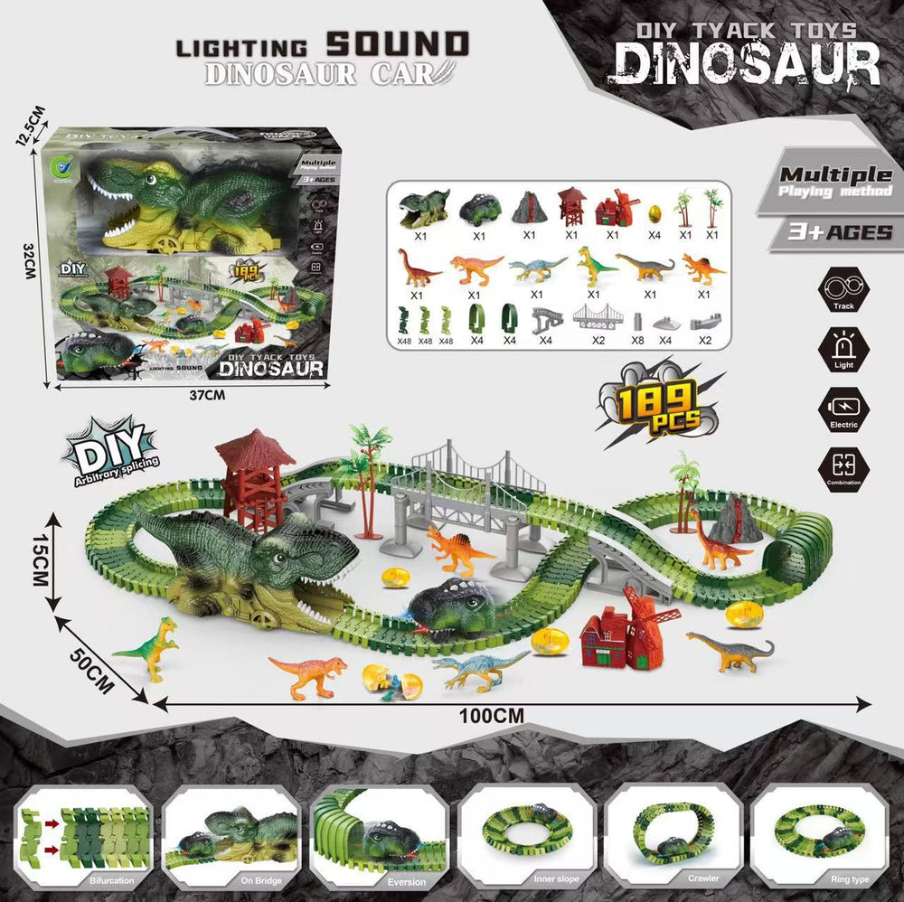 hot-selling electric dinosaur track car diy versatile assembly building educational roller coaster tunnel toy wholesale