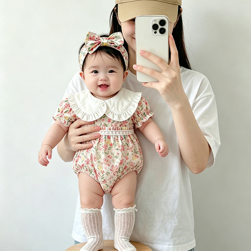 Newborn baby girl summer outfit - floral romper, lightweight princess bodysuit, cute and adorable summer clothes