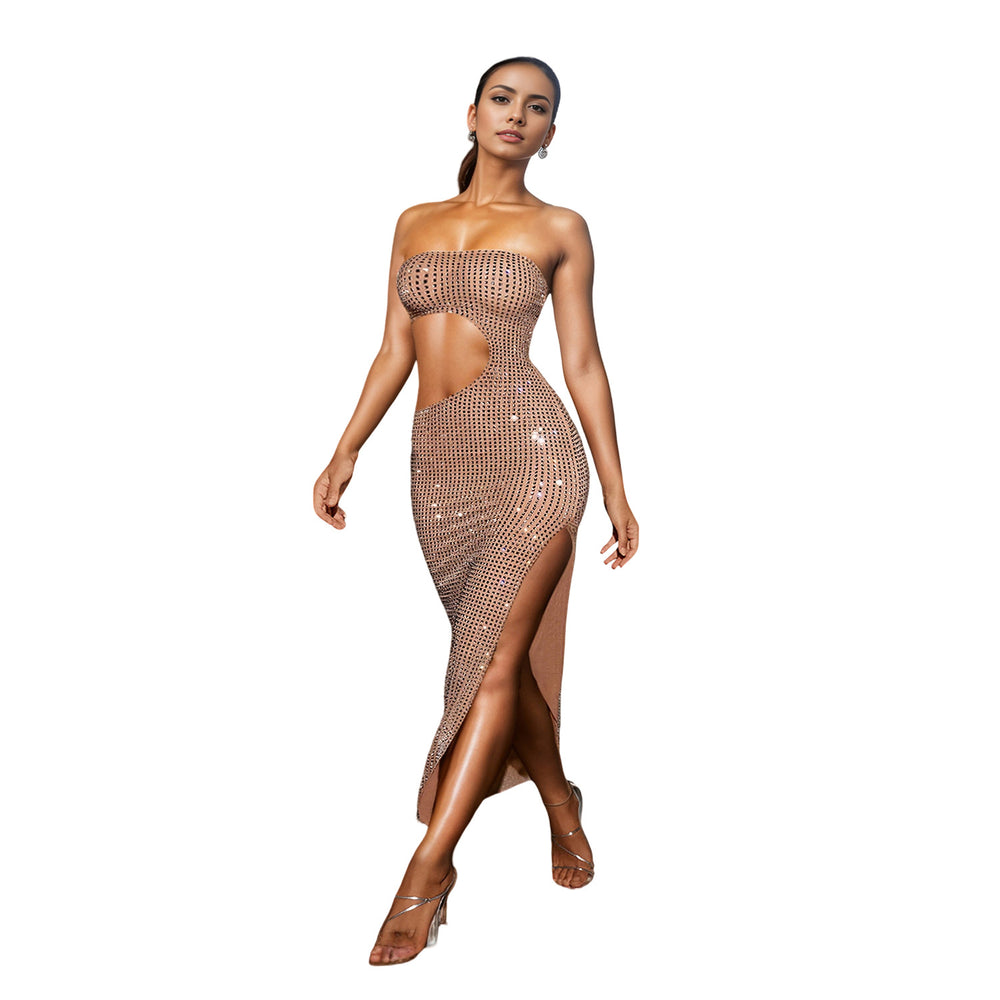 C7057 cross-border   independent station fashionfashion women's hot diamond slit dress long skirt new