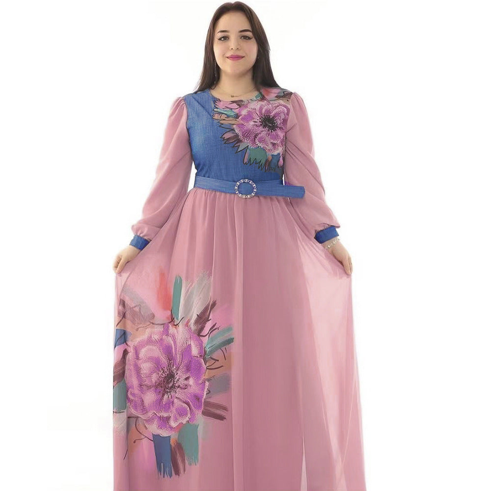 African women's plus size new fashion elegant high waist slimming printed long sleeve dress - cross-border supply, ready stock