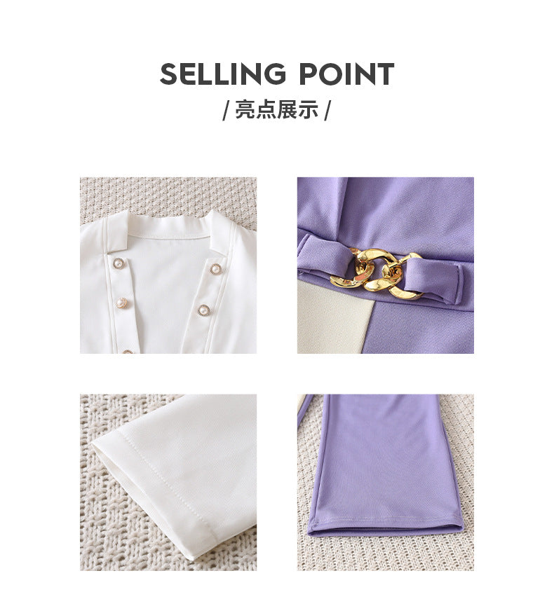 Girls' autumn outfit: white long-sleeve jacket & purple color-blocked vest romper set (two-piece)