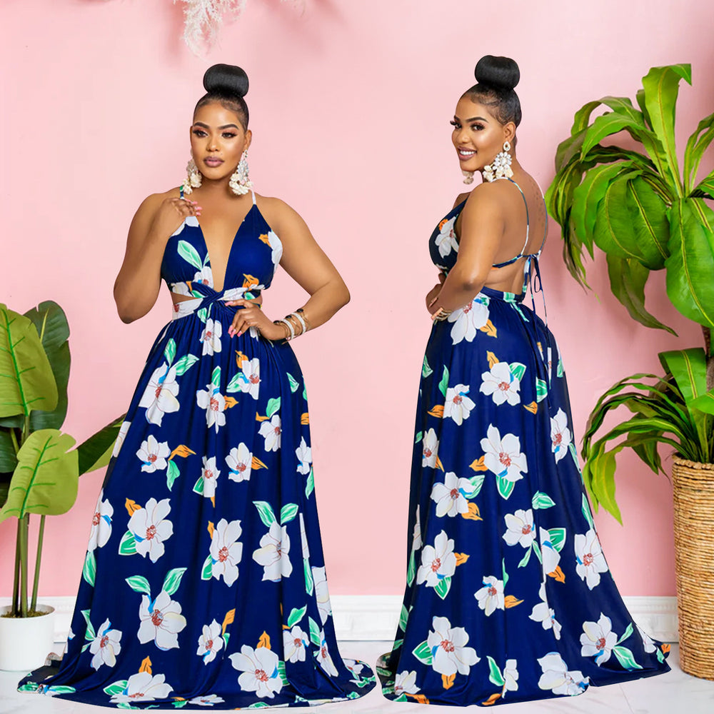 C6302 cross-border   fashion women's floral print sleeveless cami maxi dress