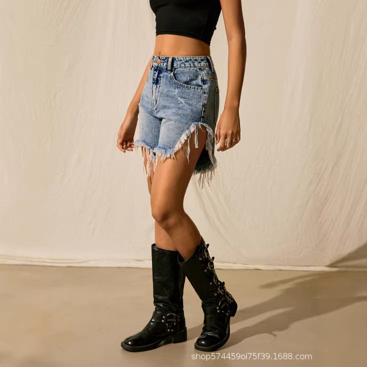 Amazon tiktok pinduoduo export cross-border fashion irregular raw edge denim shorts women's high waist slimming look
