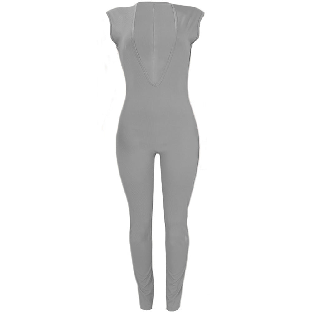 European and american cross-border women's fashion: -style sexy slim-fit deep v sleeveless wide shoulder solid color ribbed bodysuit