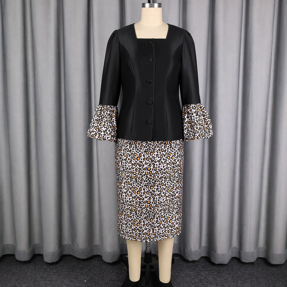 Elegant patchwork suit skirt square neck silm plate button leopard print lantern sleeve satin dress two-piece setset