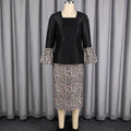 Elegant patchwork suit skirt square neck silm plate button leopard print lantern sleeve satin dress two-piece setset