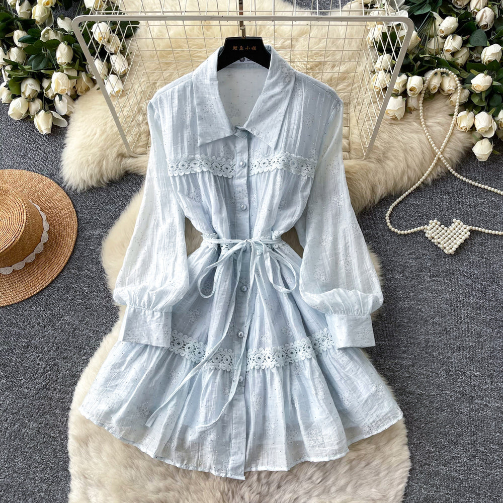 Frenchretro lapel strap waist dress women's spring autum mint green lacepatchwork a-line skirt work clothing