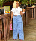 Fashionexport women's clothing  street trendy washed high waistjeans large flap pocket pantsloosecasualstraight-leg pants