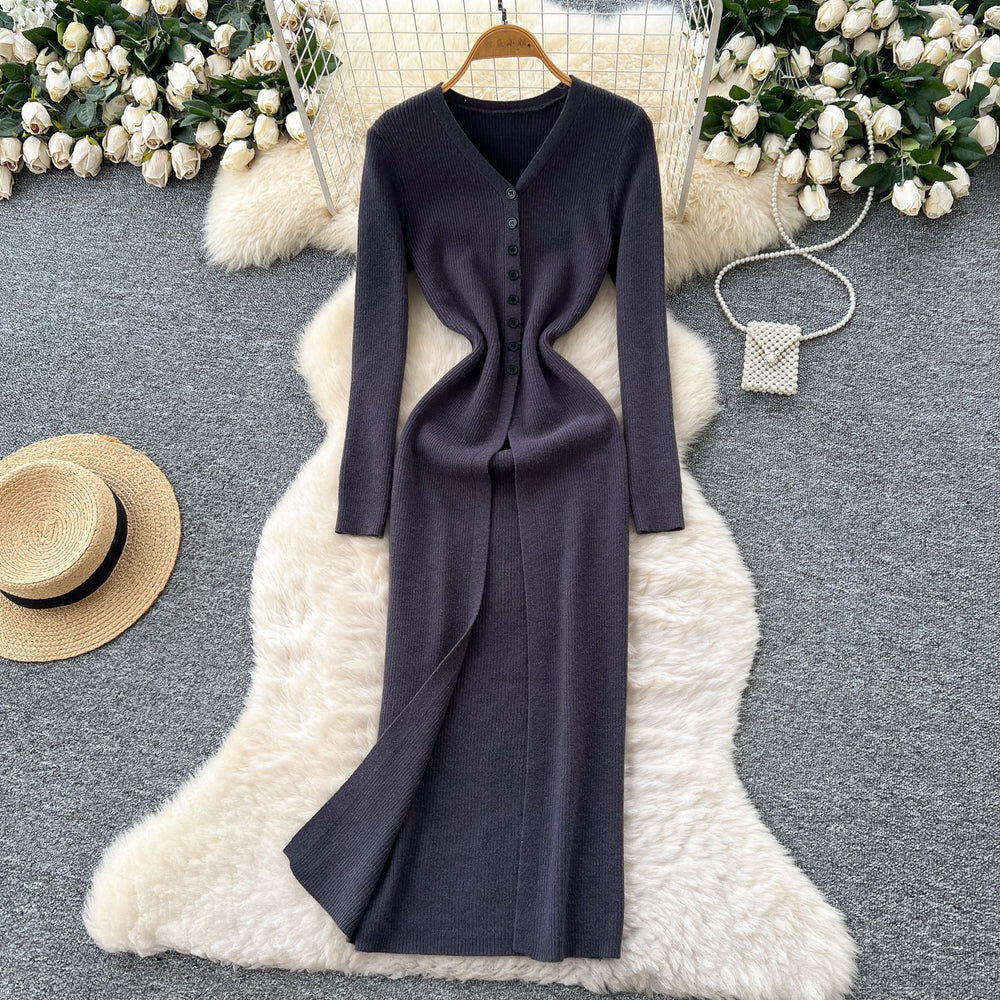 Korean style minimalist v-neck single-breasted slit knit dress - women's autumn outerwear, slim-fit, long-sleeve cover-up dress