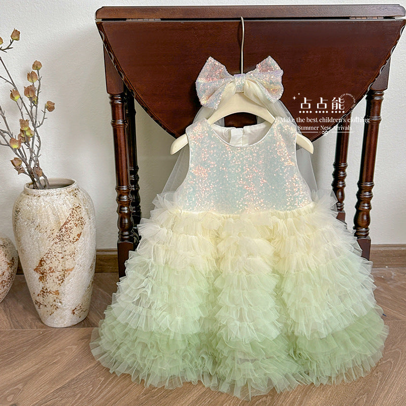 summer girls' gradient soft tulle skirt sequin dress princess chic lace cake skirt wholesale