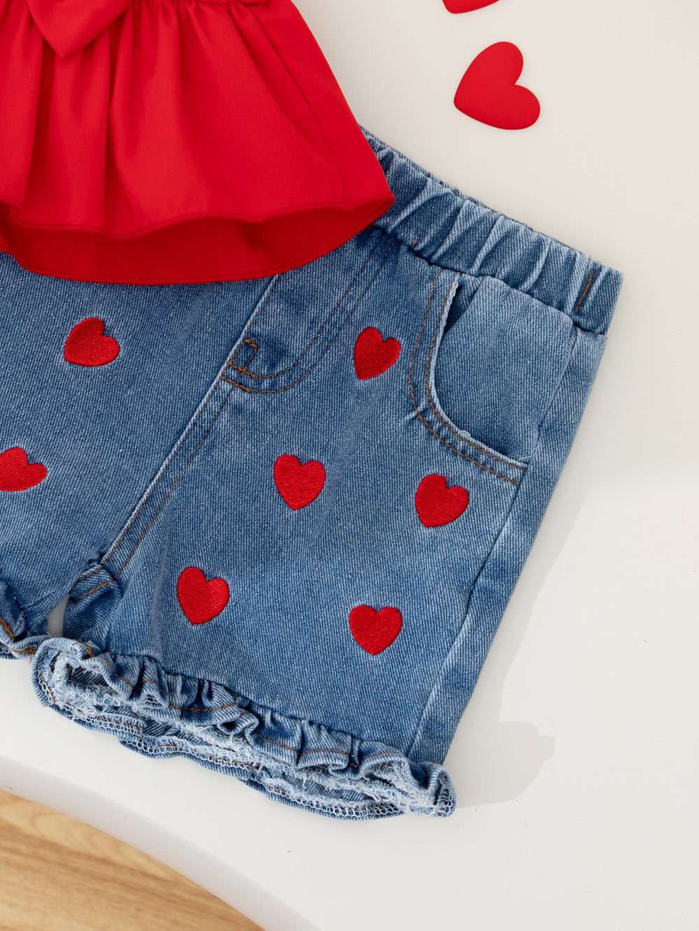 new cross-border girl's cute bow top + cow heart embroidered denim pants two-piece set