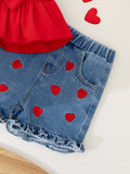 new cross-border girl's cute bow top + cow heart embroidered denim pants two-piece set