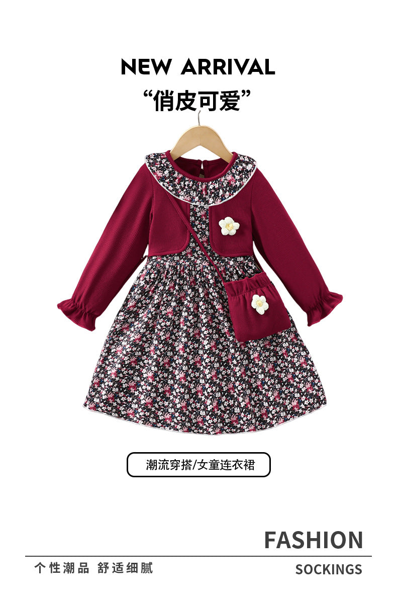 girls' floral knit patchwork dress top princess dress autumn ruffle collar new long sleeve children's wear
