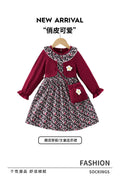 girls' floral knit patchwork dress top princess dress autumn ruffle collar new long sleeve children's wear