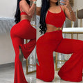 fashion women's spring/summer new arrivals: elegant spaghetti strap solid color knit top with hollow-out one-piece flared pants