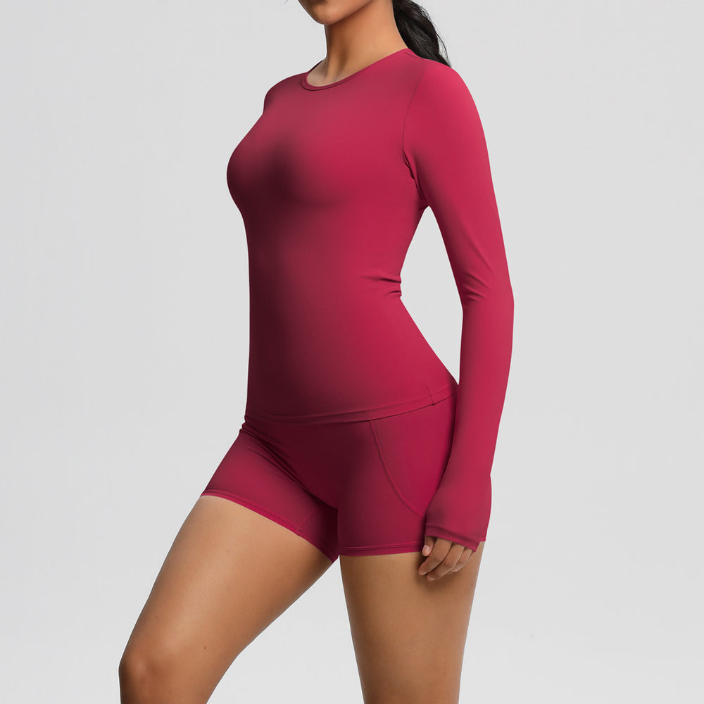 New arrival: european and american style solid color double-sided brushed nylon long-sleeve yoga set - activewear two-piece for running and fitness